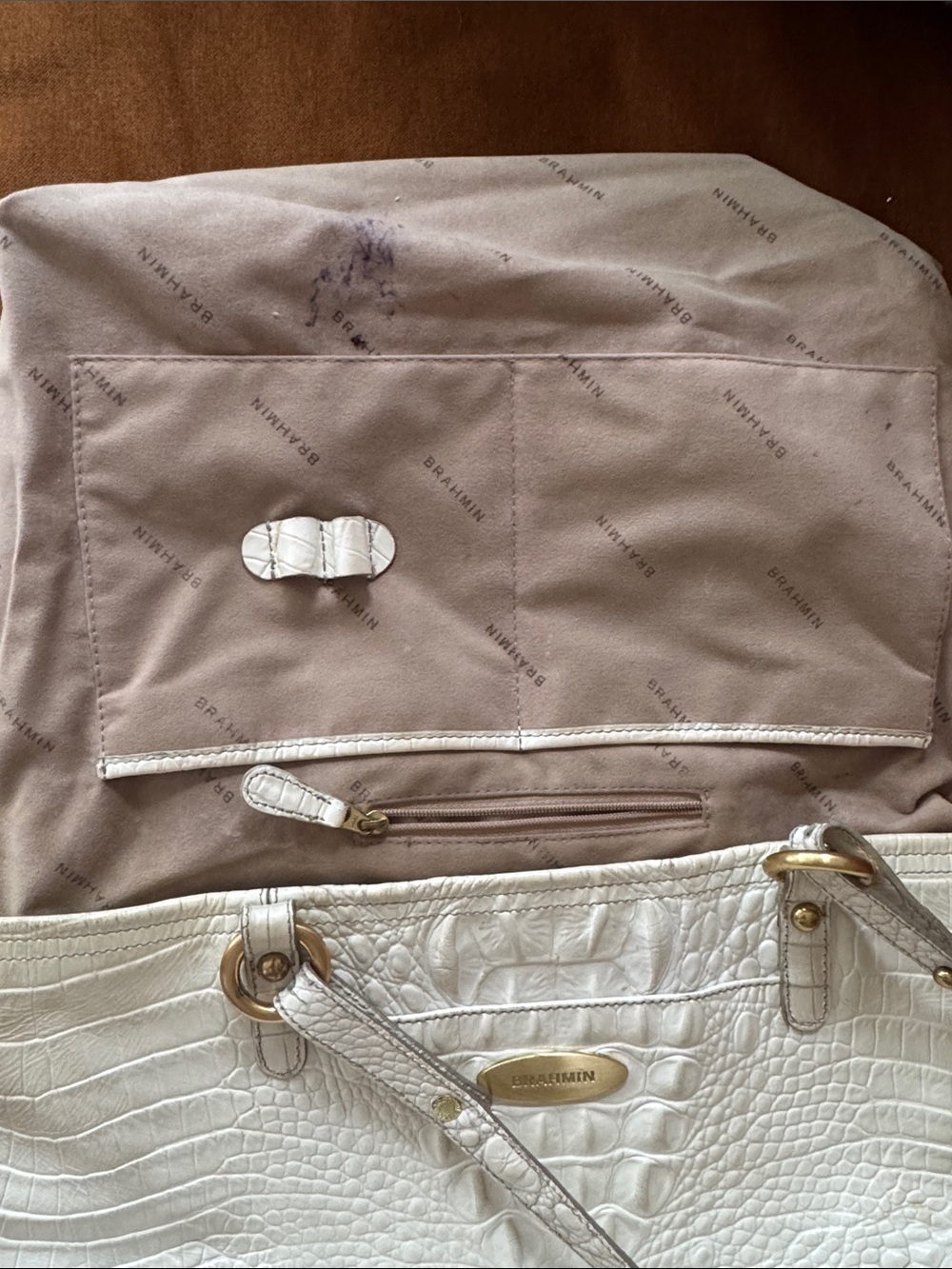 Brahmin Melbourne Croc Embossed Leather Tote Bag Linen Cream Gold - Picture 8 of 12